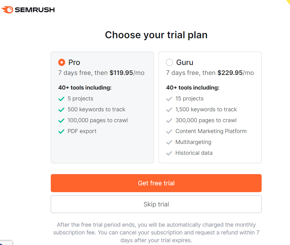 Choose A Trial Plan Choose A Trial Plan