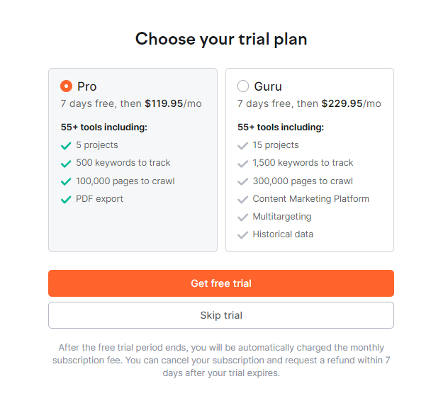Semrush Pricing page Semrush Pricing page