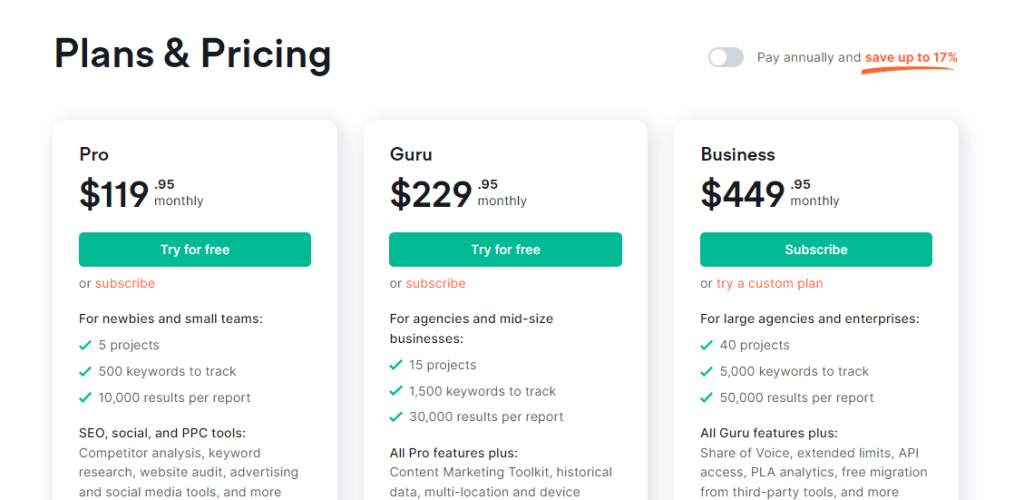 Semrush pricing page Semrush pricing page